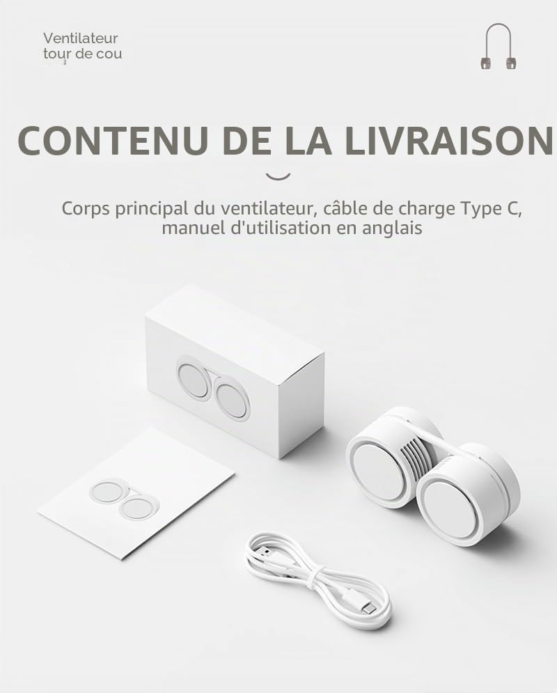 Ventilateur de cou pliable 1600mAh, format pliable et compact