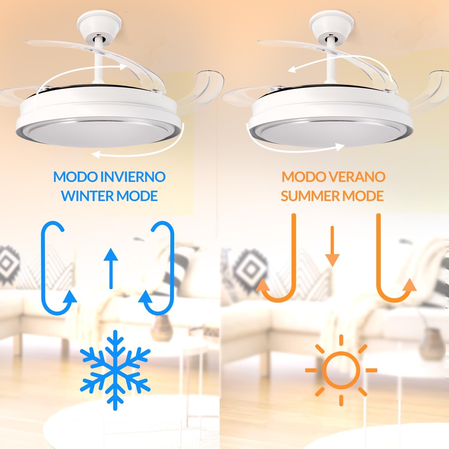 Ventilateur de plafond invisible, pales rétractées en mode plafonnier
