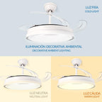 Ventilateur de plafond invisible, pales déployées et éclairage LED