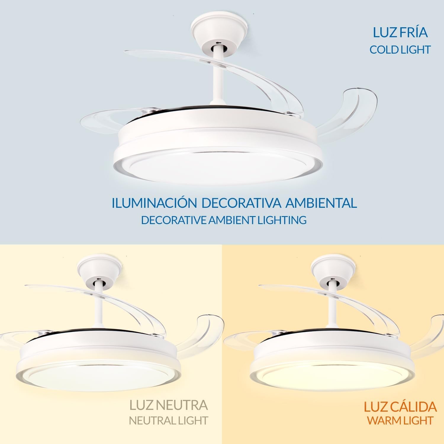 Ventilateur de plafond invisible, pales déployées et éclairage LED