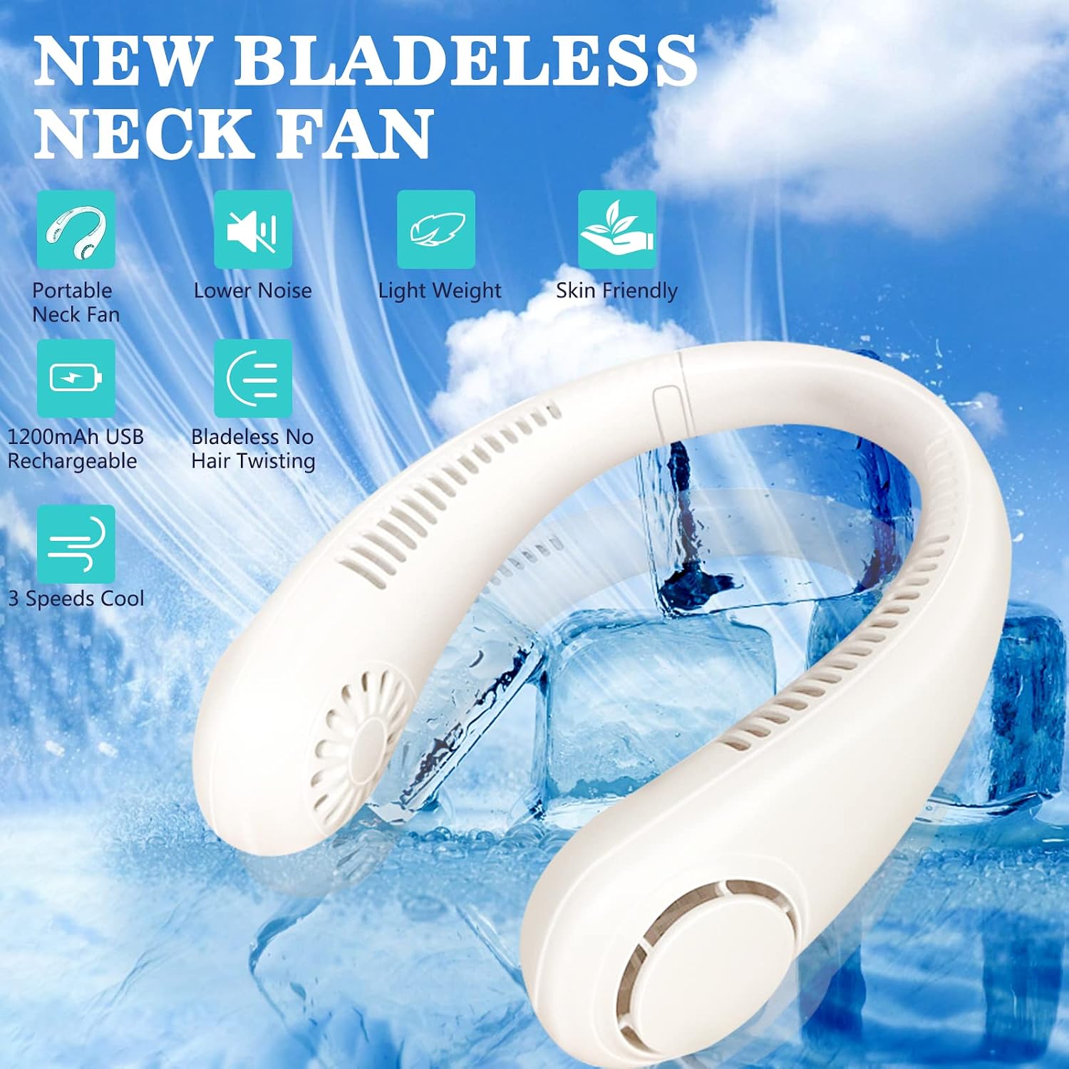 Ventilateur de cou sans pales rechargeable, 3 vitesses