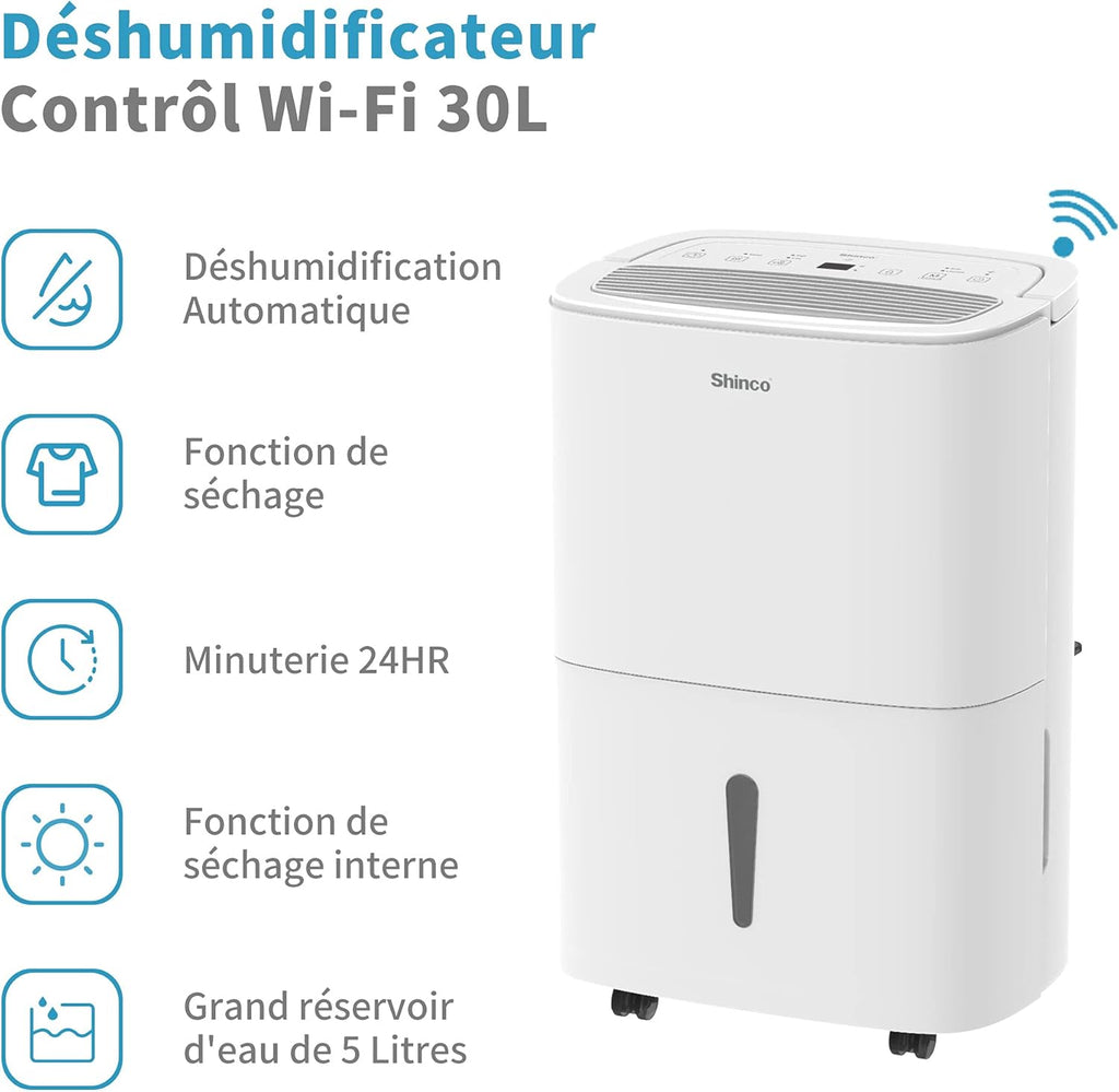 Déshumidificateur SHINCO 30 L/jour WiFi pour pièces jusqu'à 35 m²