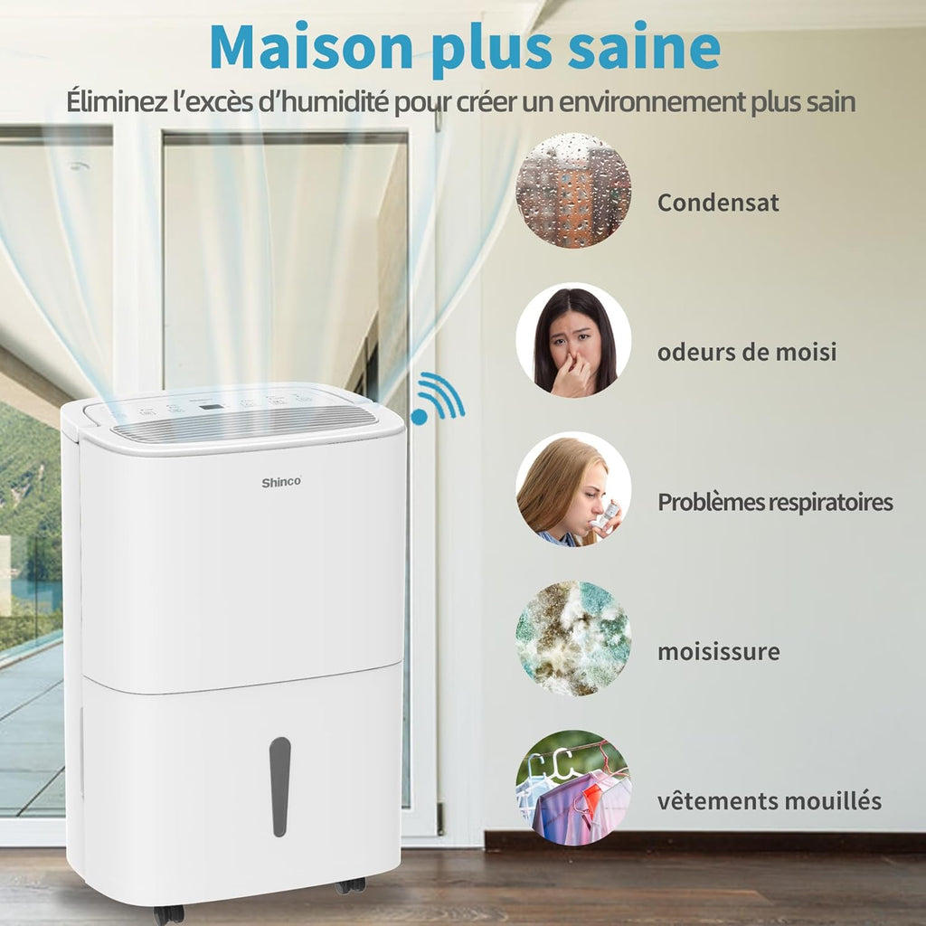 Déshumidificateur SHINCO, poignée et roulettes de déplacement