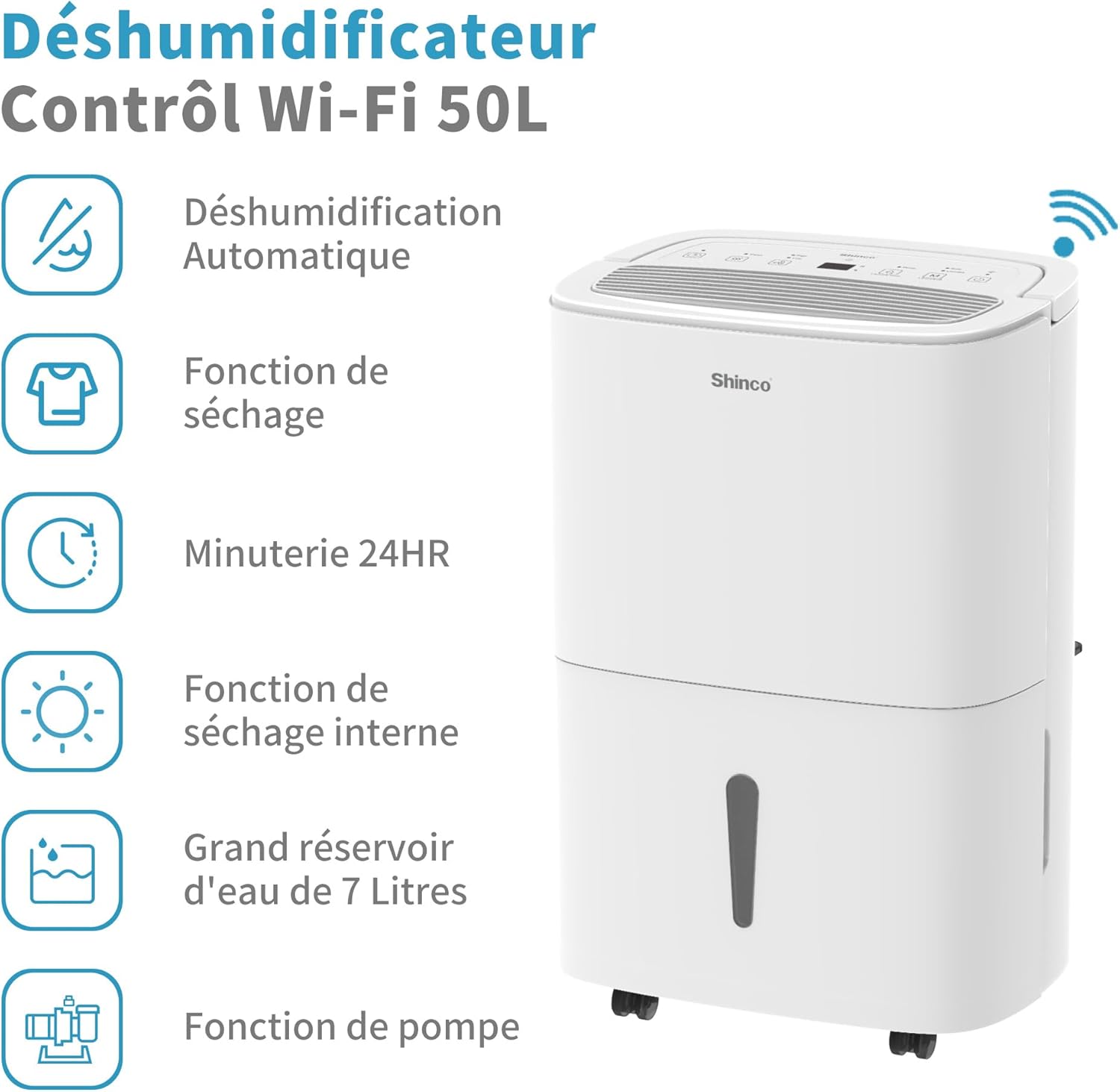 Déshumidificateur SHINCO 50 L/jour avec pompe de relevage, jusqu'à 55 m²