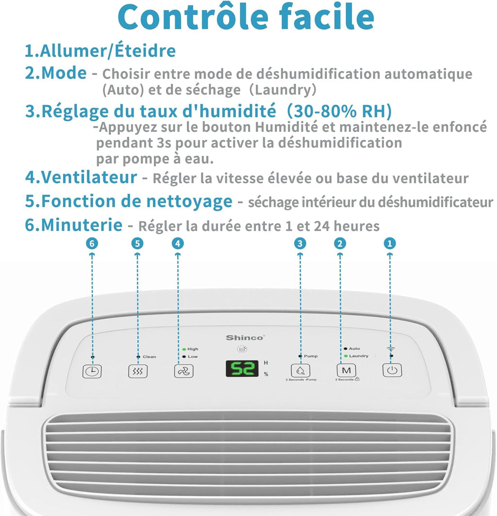 Déshumidificateur SHINCO 50 L/jour, réservoir 7 L et filtre charbon actif
