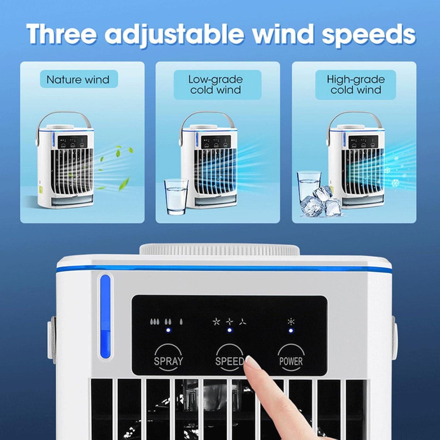 Rafraîchisseur d'air de bureau rechargeable, commandes et réservoir