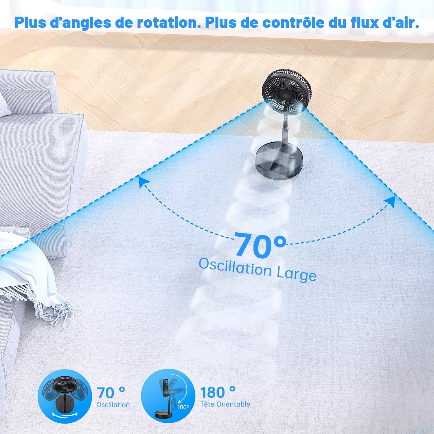 Ventilateur sur pied sans fil 10800mAh, réglable en hauteur