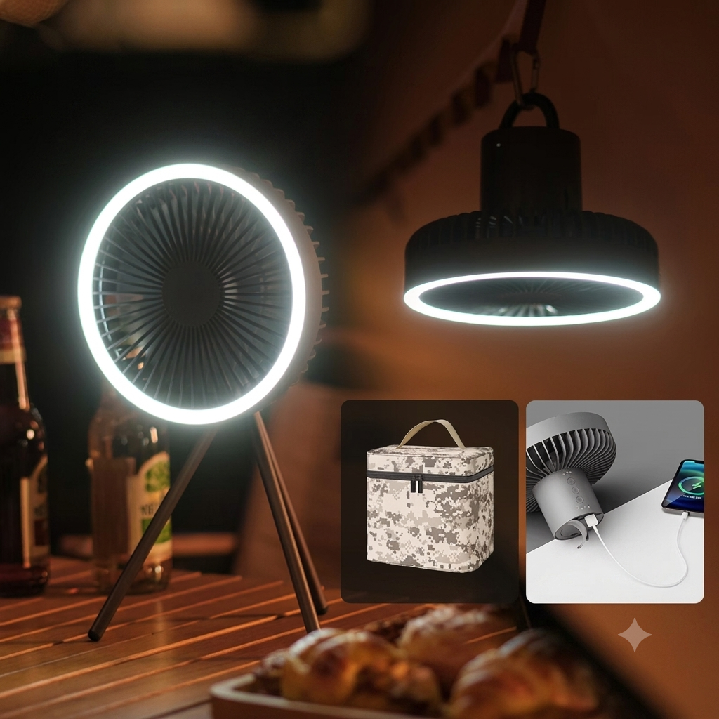 Ventilateur de camping rechargeable 10000mAh avec batterie externe et LED