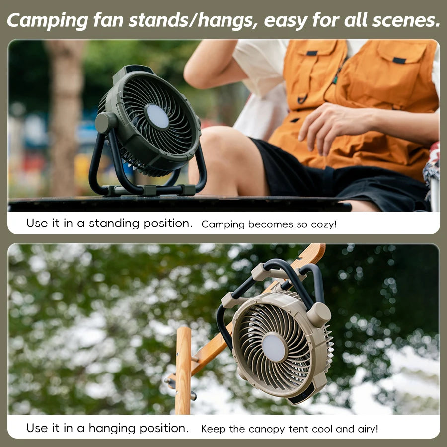 Ventilateur de camping 6-en-1 10000mAh avec télécommande et LED