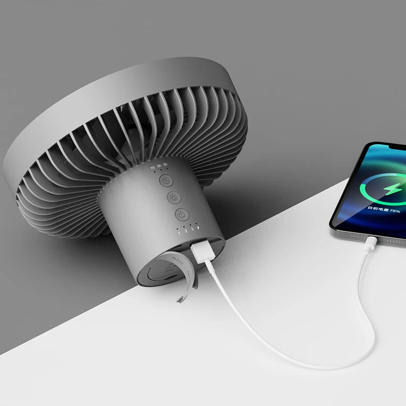 Ventilateur de camping rechargeable avec batterie externe et lampe LED