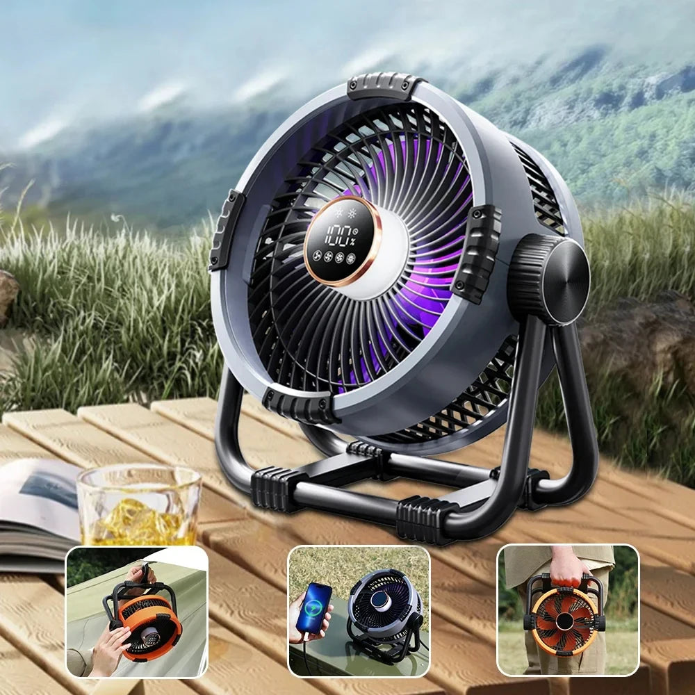 Ventilateur de camping multifonction avec lampe LED et batterie externe