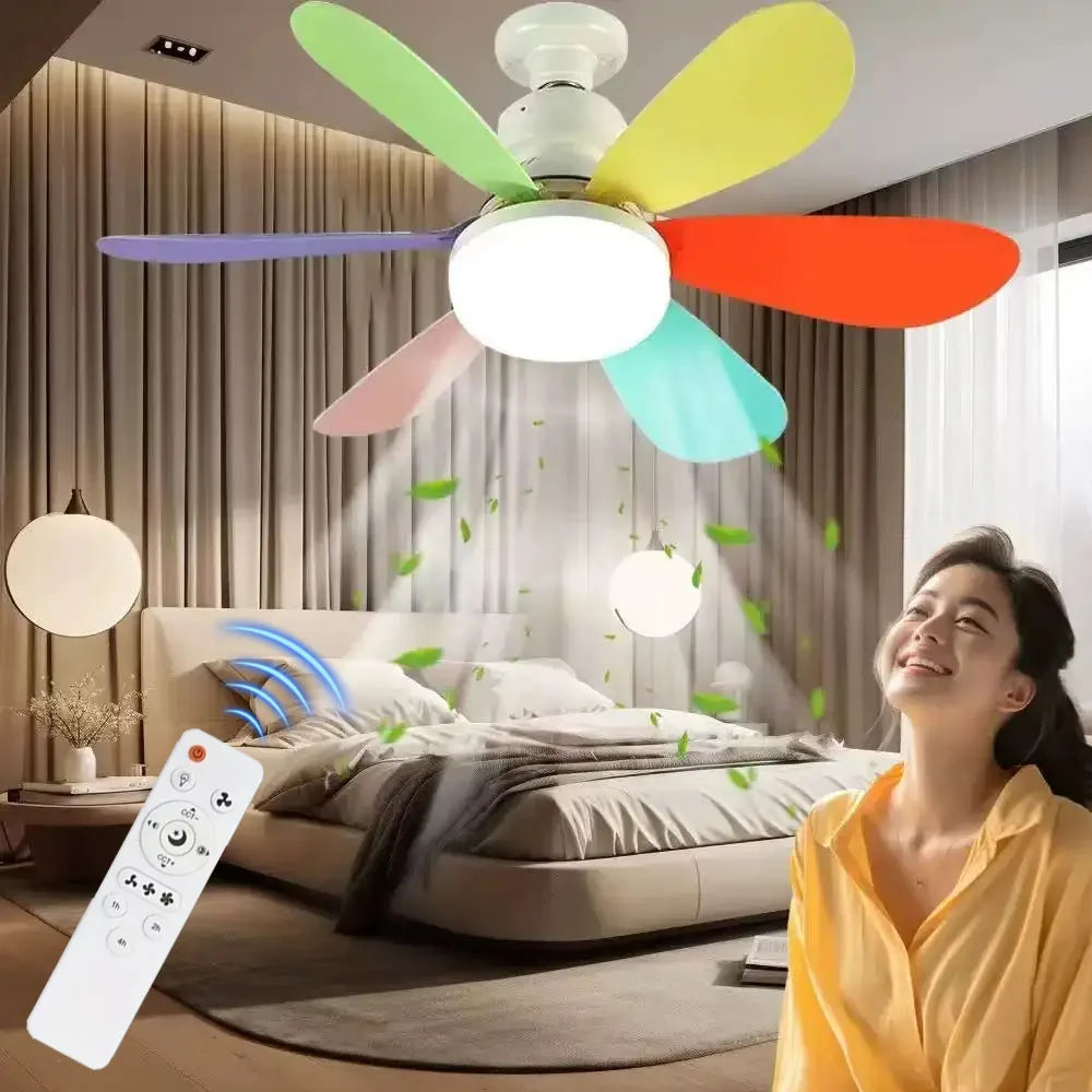 Ventilateur de plafond LED E27 avec télécommande, 3 teintes et variateur